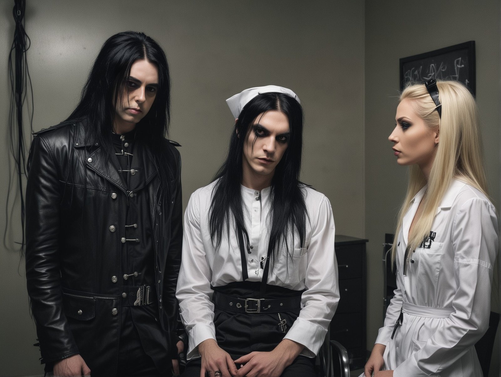 Evil gothic doctor scene with a dark-haired man in black leather, another dark-haired man dressed as a nurse, and a blonde woman in a white medical coat, standing in a clinical room.