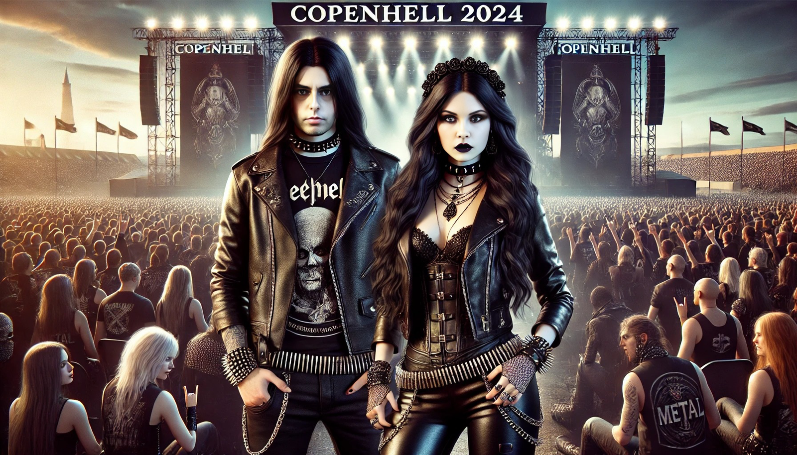 A gothic couple, dressed in black leather with spikes and chains, stand in front of a packed crowd at Copenhell 2024 with the stage lit up and flags flying in the background.