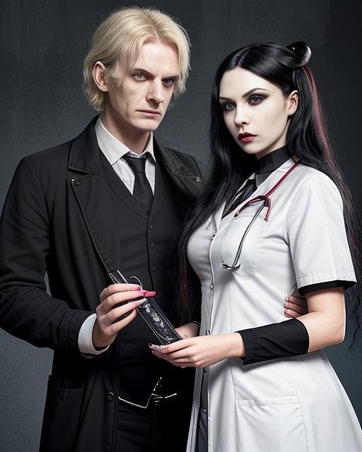 An evil gothic doctor with blonde hair and a gothic nurse with dark hair hold a syringe in a medical setting.