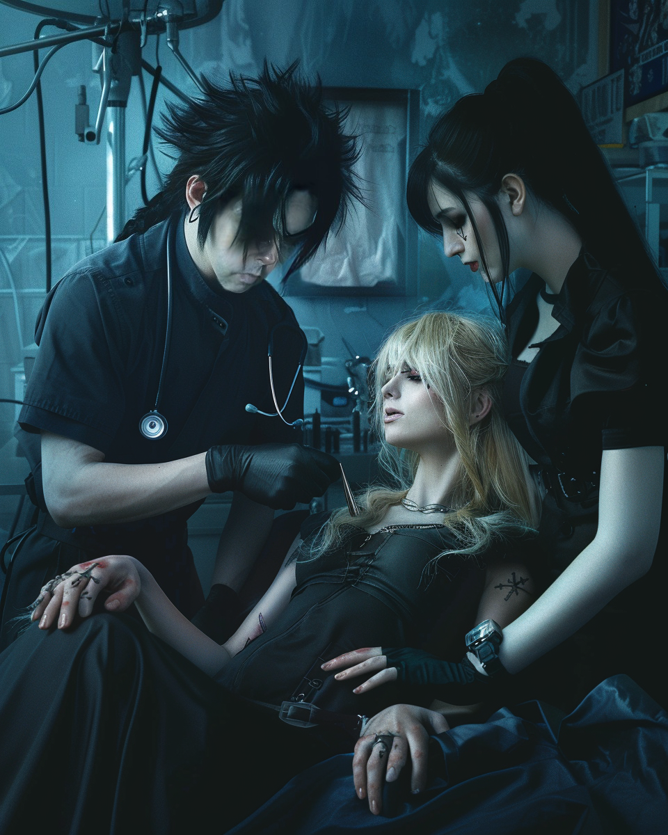 Gothic doctor with spiky hair, attending to a blonde woman in a black dress with another dark-haired woman in a blue-lit medical room.