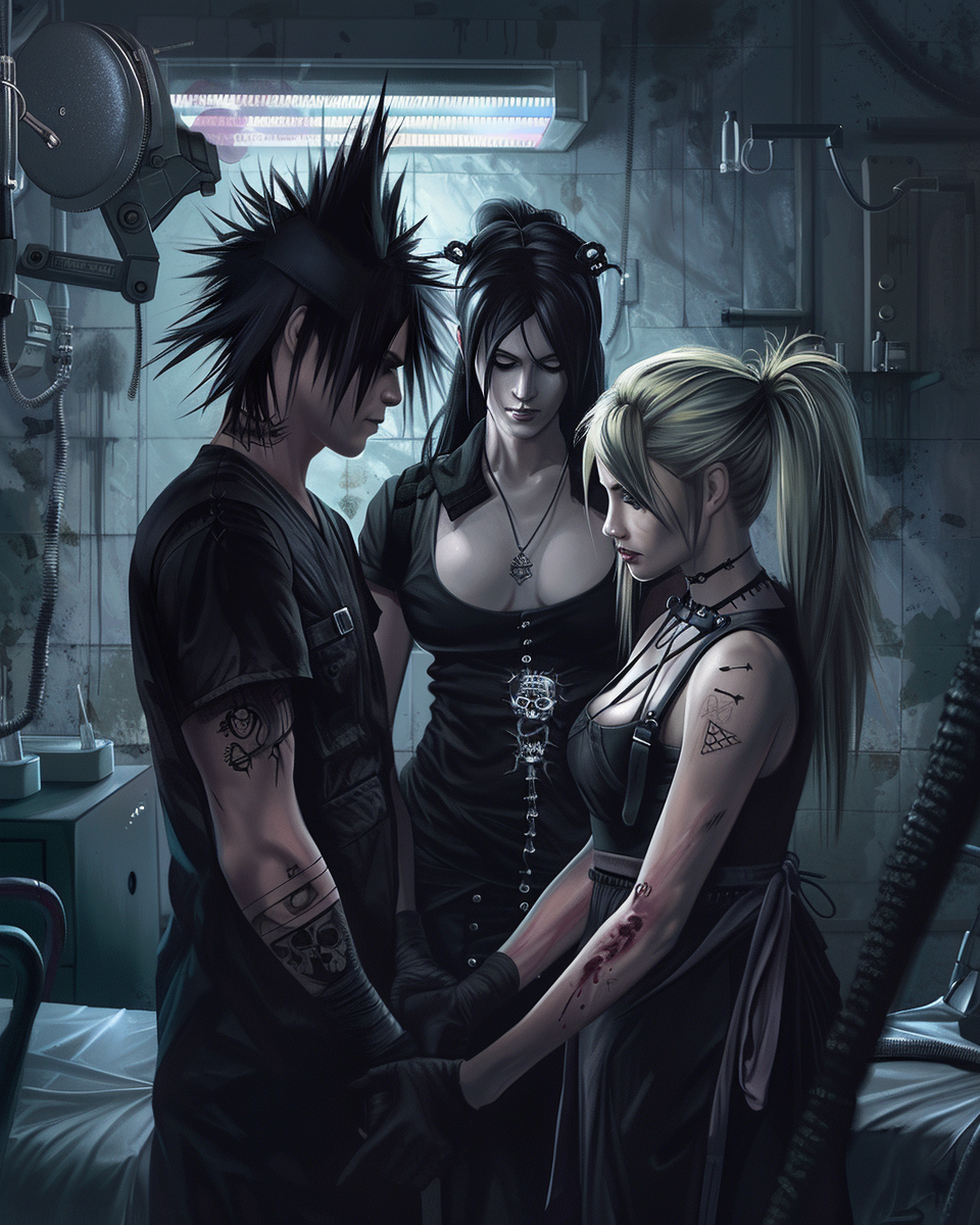 Gothic doctor with spiky hair, a blonde woman with tattoos, and another dark-haired woman, holding hands in a dimly lit medical room.