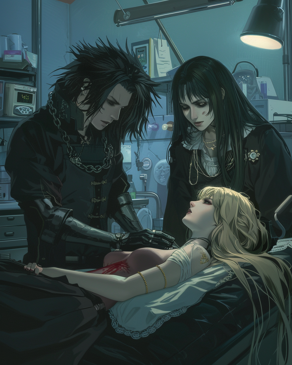 Gothic doctor with spiky hair, attending to a blonde woman with a wound on her chest, assisted by another dark-haired woman in a dark medical room.