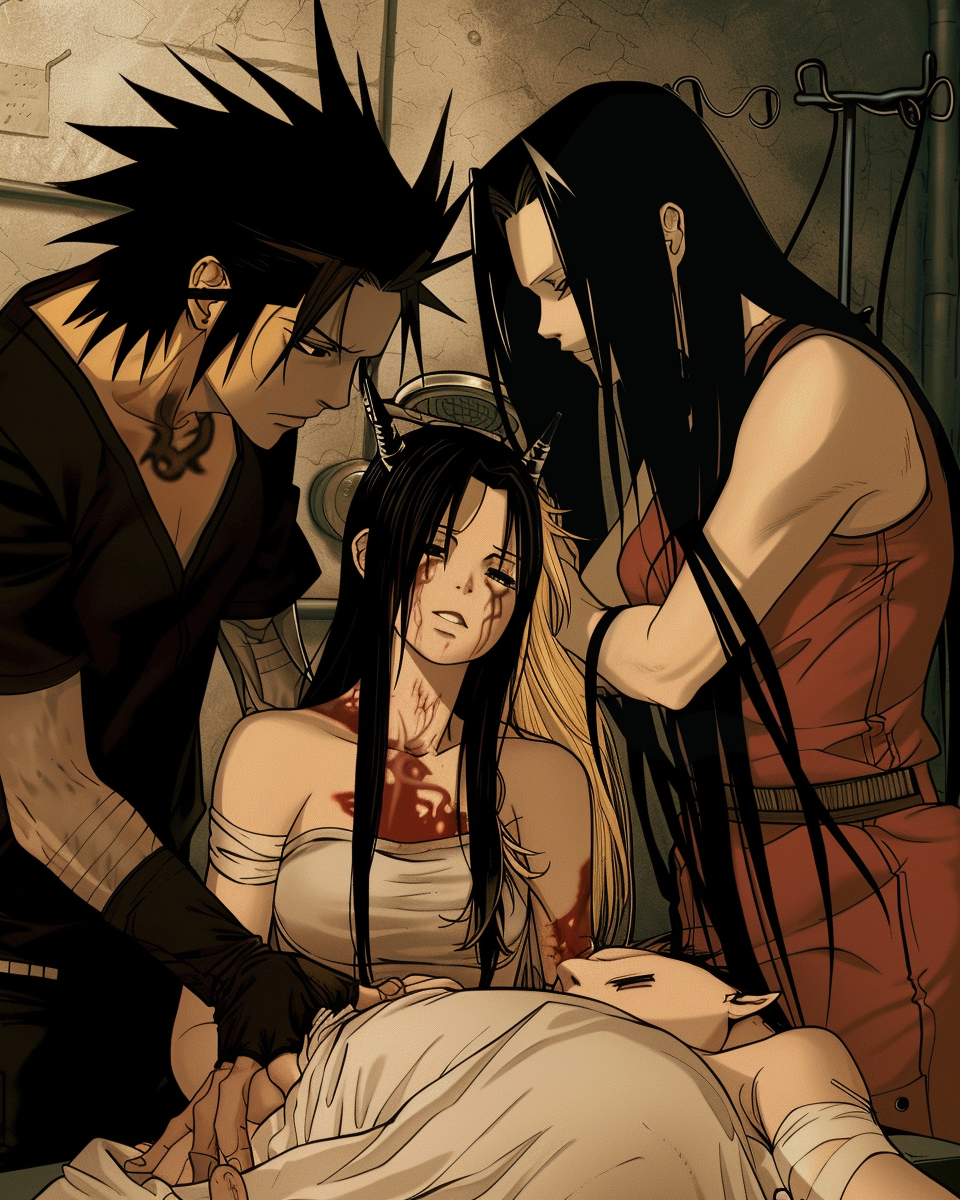 Gothic scene with a spiky-haired doctor and two young women, one with long hair and another with horns, in a medical room with a distressed atmosphere.
