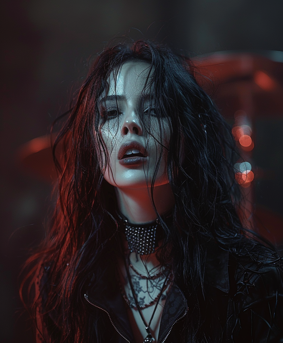 A close-up shot of a female metal vocalist with wet, black hair, wearing a choker and a leather jacket, exuding a fierce and intense expression under dramatic lighting.