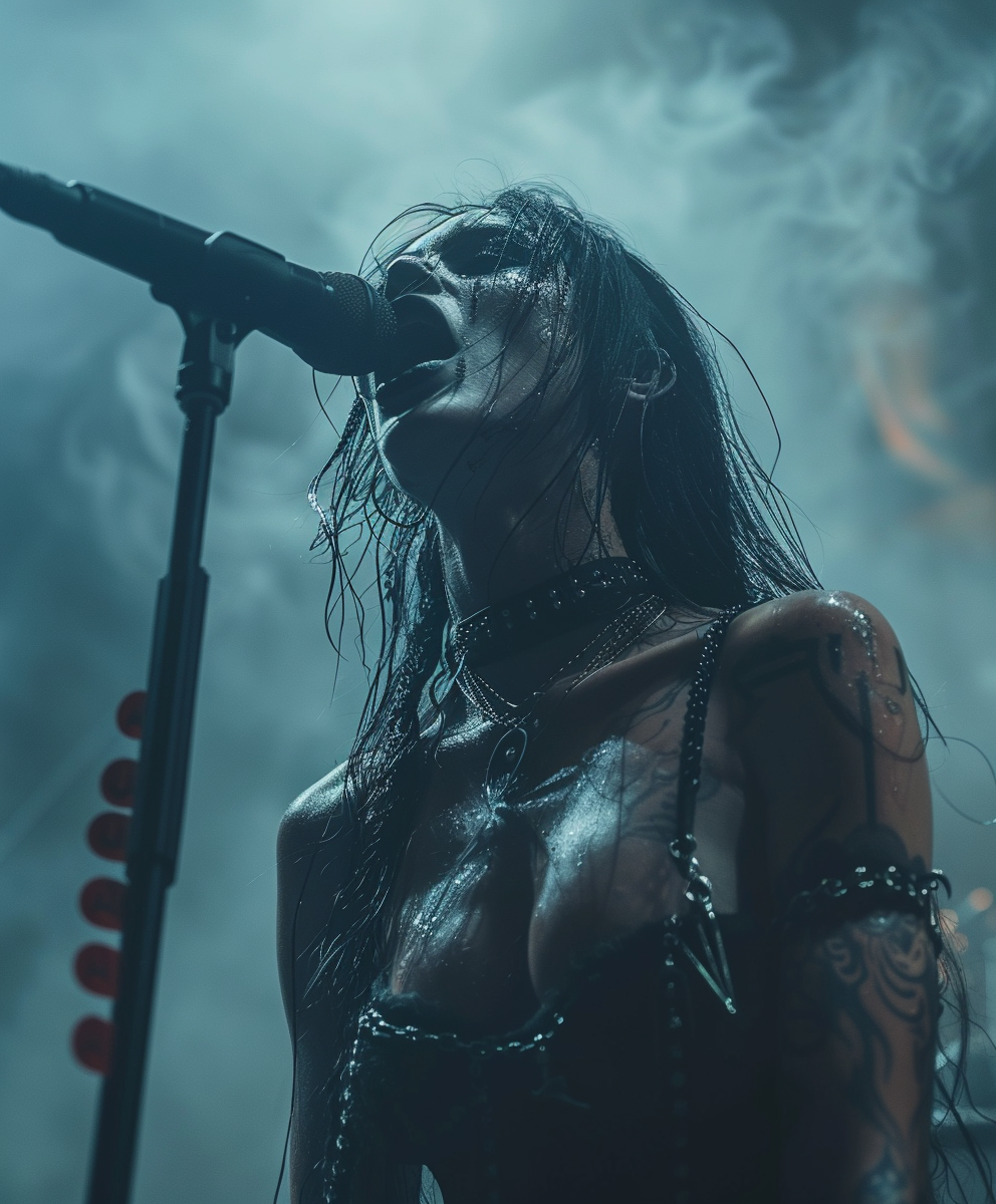 A female metal vocalist on stage, captured mid-performance with wet hair and a choker, singing passionately into a microphone with a smoky, atmospheric background.