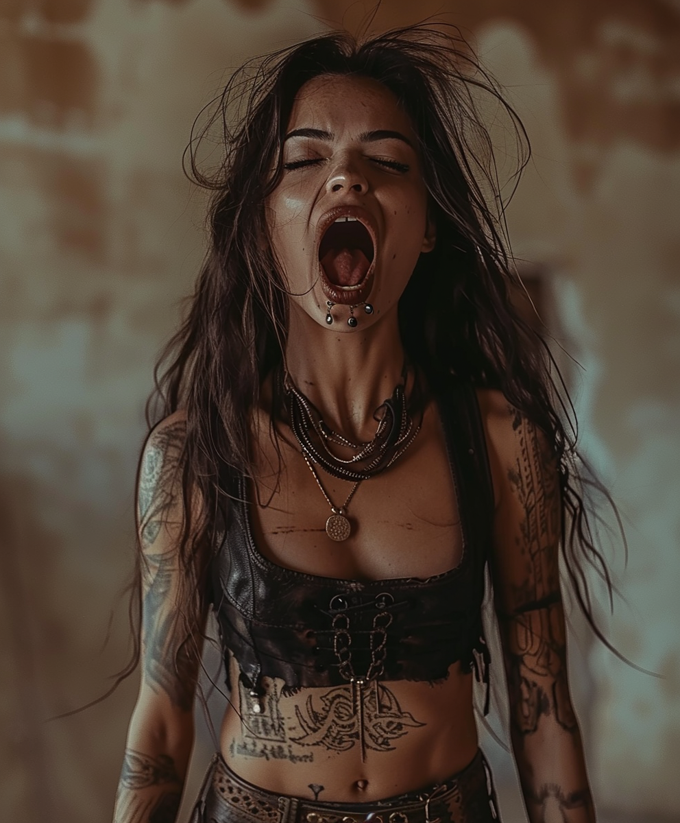 A female metal vocalist in an intense scream, with wild hair and wearing a leather top, showcasing tattoos and piercings, captured in a raw, powerful moment.