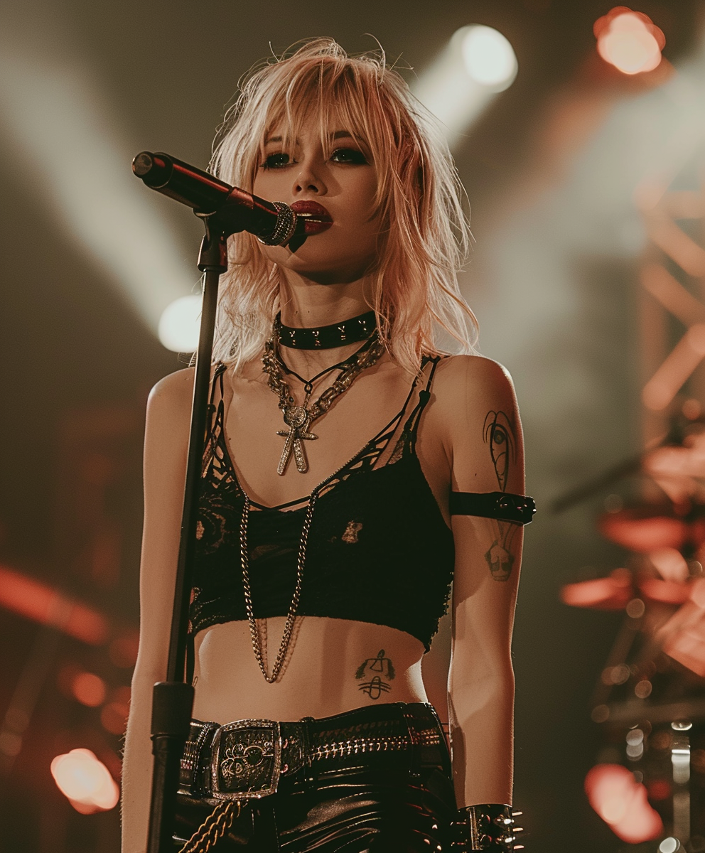 A female metal vocalist on stage, with short blonde hair and wearing a choker and leather attire, singing into a microphone under dramatic concert lighting.