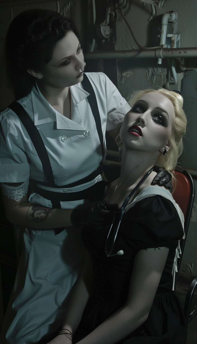Gothic nurse in a white outfit attending to a blonde woman in a black dress with a stethoscope, in a dimly lit room.