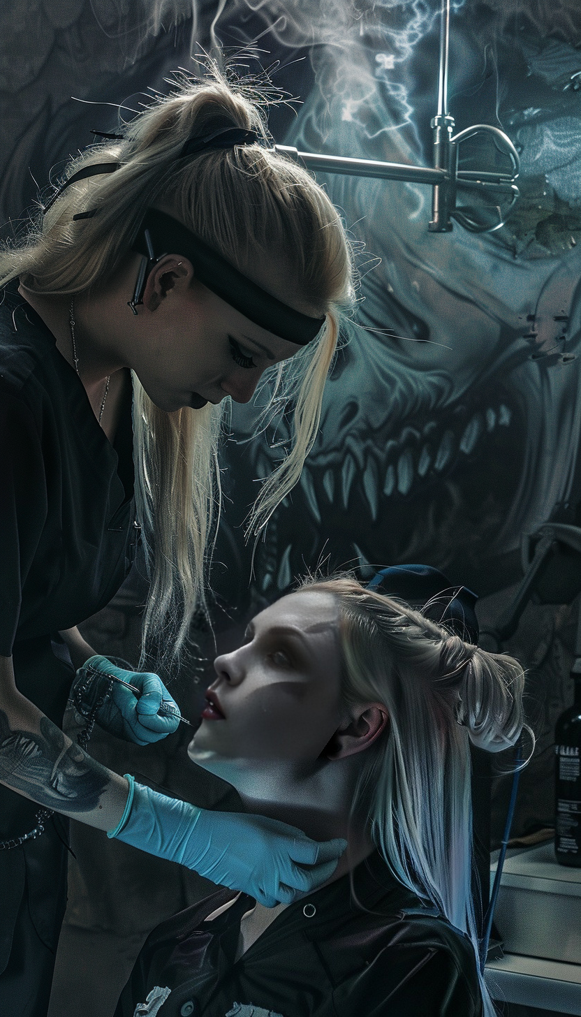 Gothic nurse with blonde hair and a black headband, examining a young woman with pale skin, against a dark, eerie background.