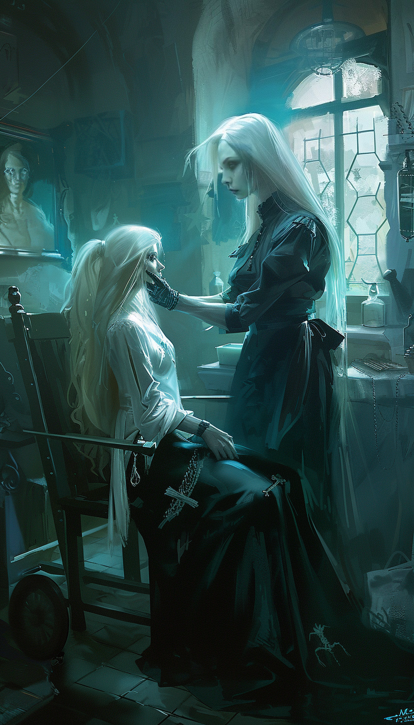 Gothic scene with two blonde women, one seated and the other standing, in a dark, vintage medical room with glowing blue light.