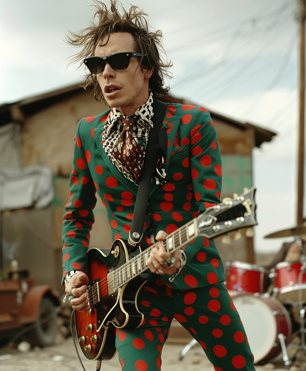 A flamboyant rock musician in a polka-dot suit playing the electric guitar outdoors, with a drum set in the background.