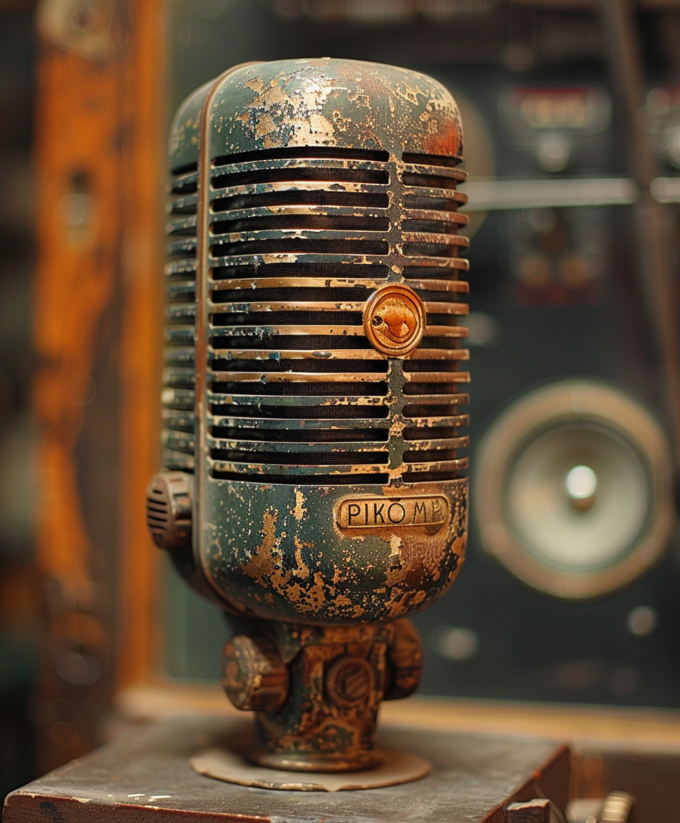 A vintage, distressed microphone with an industrial design, set against a backdrop of audio equipment.