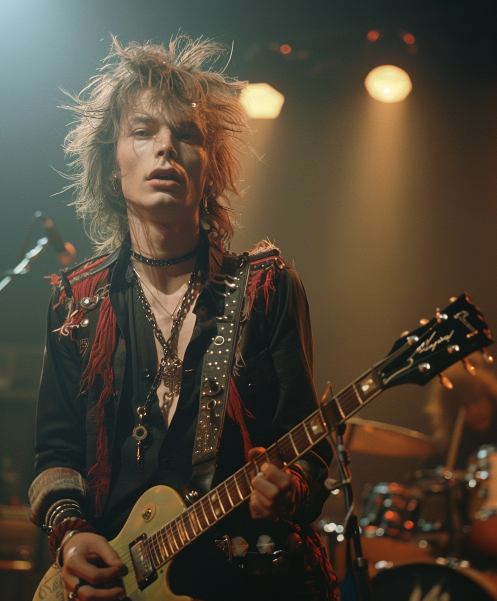 A young rock guitarist with wild hair passionately playing on stage, set against a dark, intense concert atmosphere.