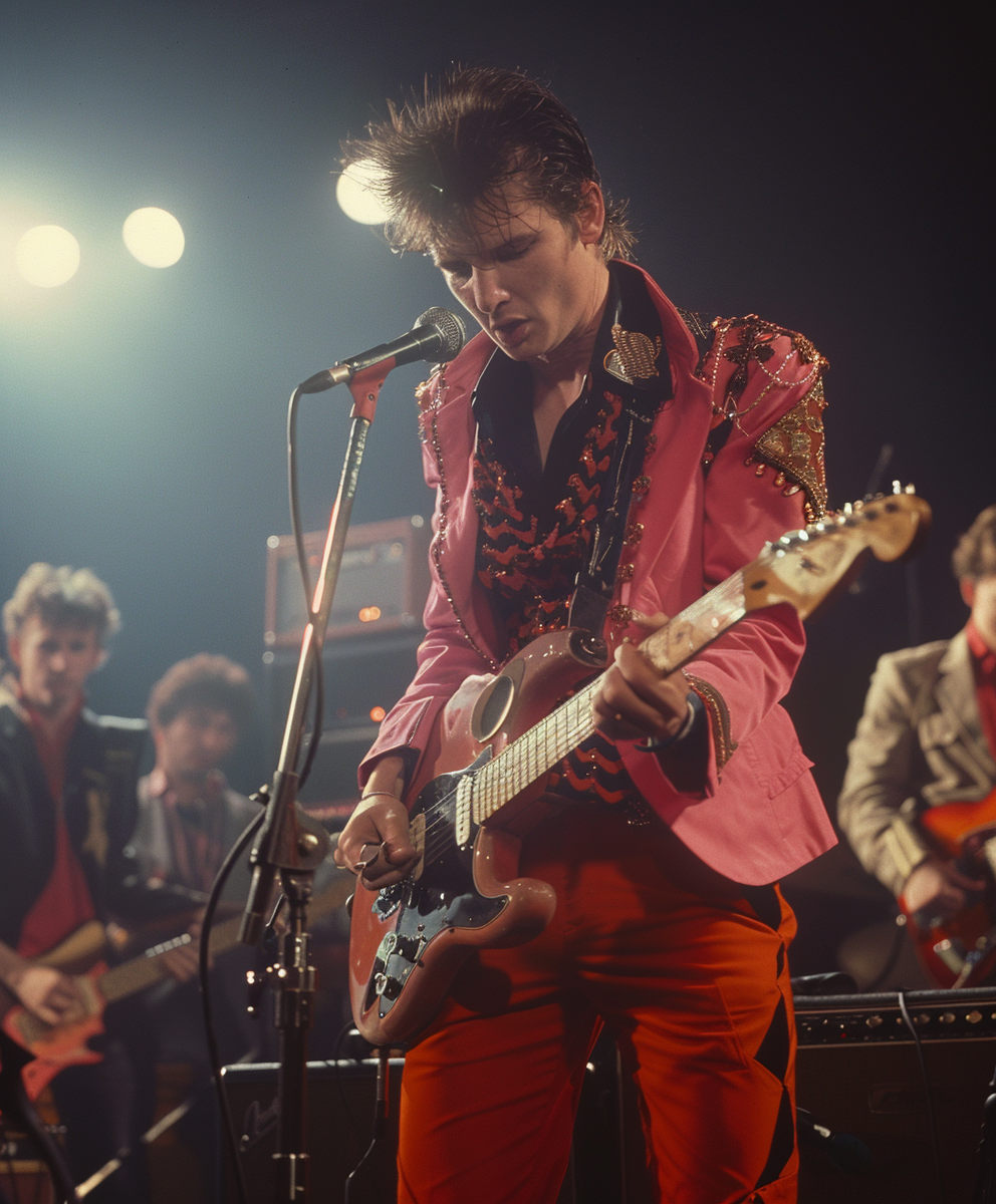 A vibrant rock band performance with a lead singer in a colorful outfit playing the electric guitar, surrounded by band members under bright stage lights.