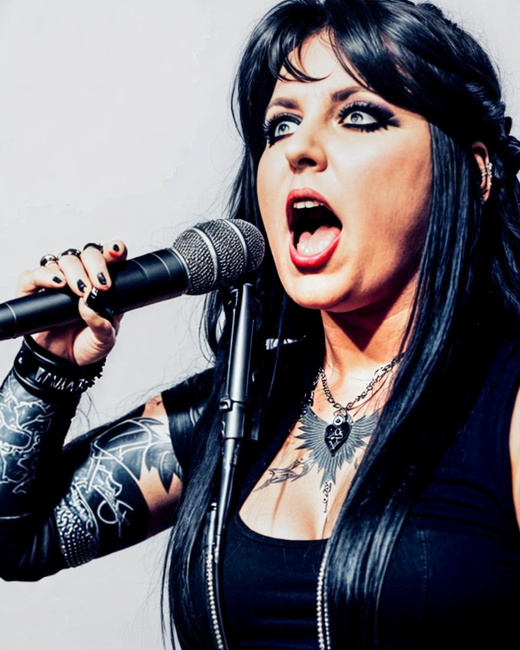 A female metal vocalist with black hair and tattoos, singing into a microphone with an intense expression and dramatic makeup, showcasing her powerful voice.