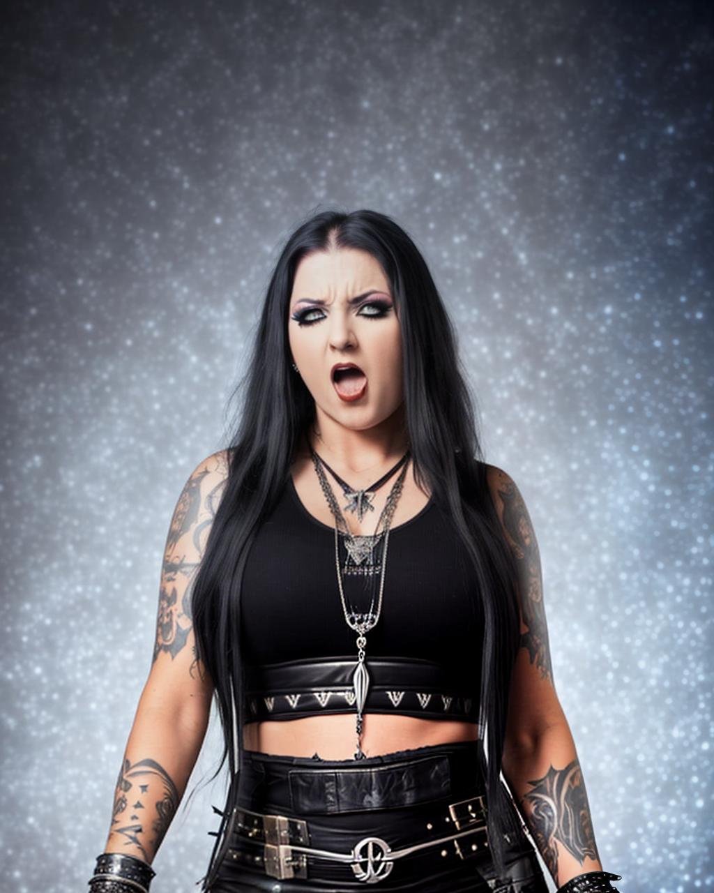A female metal vocalist with long black hair, wearing a black top and leather accessories, expressing a powerful scream against a starry background.