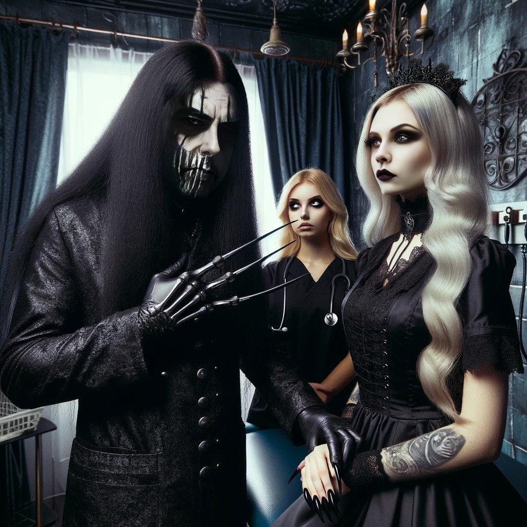 Evil gothic doctor in a black coat with long black hair, flanked by two female nurses in black, one with pink hair and the other with dark hair wearing a mask, in a dimly lit medical room.