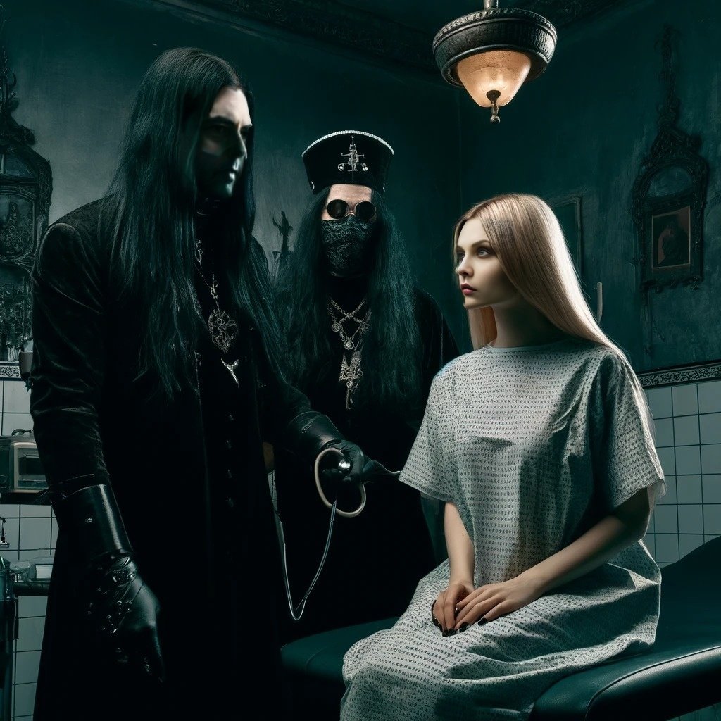 Evil gothic doctor in a dark coat, preparing medical instruments, with a gothic nurse in a black dress and another person in a dark medical mask in a vintage medical room.
