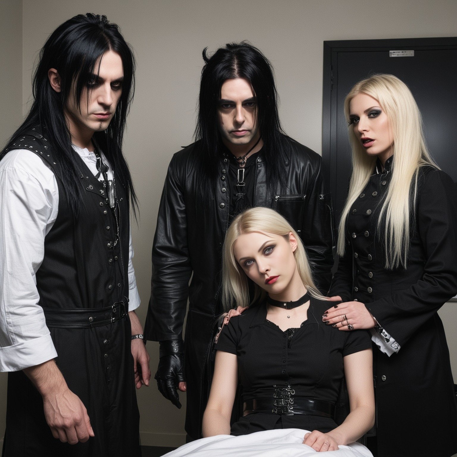 Group of four gothic individuals, including two dark-haired men in black leather, a blonde woman in a black dress, and another blonde woman, surrounding a seated blonde woman in a clinical setting.