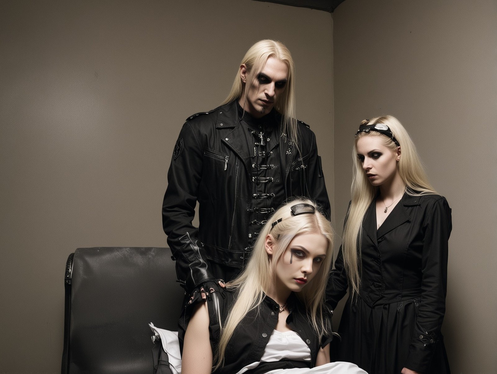 Blonde gothic trio with an evil gothic doctor in black leather jacket, and two blonde women in black gothic dresses, one seated and looking down solemnly.