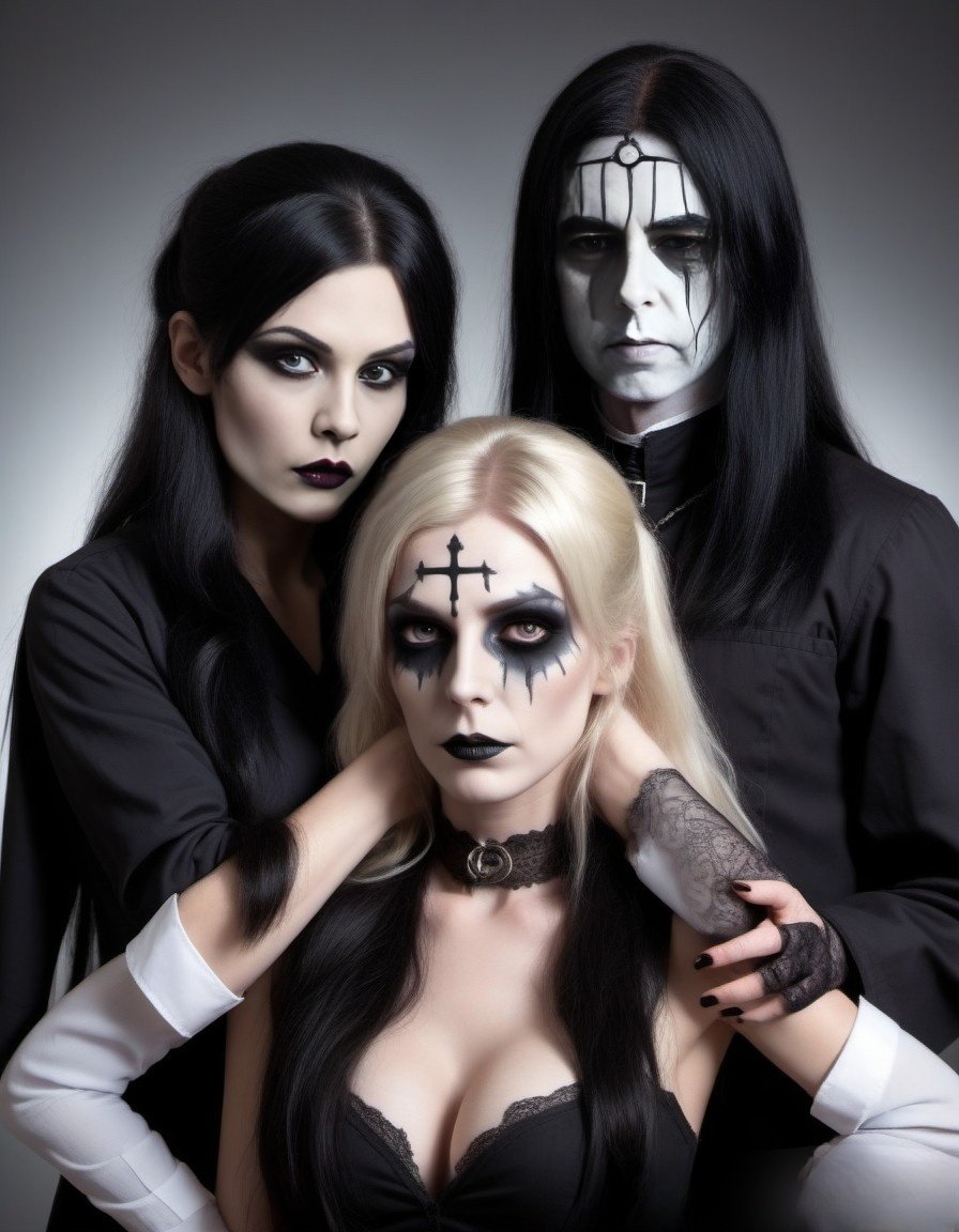Gothic trio with black and blonde hair; a dark-haired woman, a blonde woman with black cross face paint, and a man with white face paint, all in black gothic clothing.
