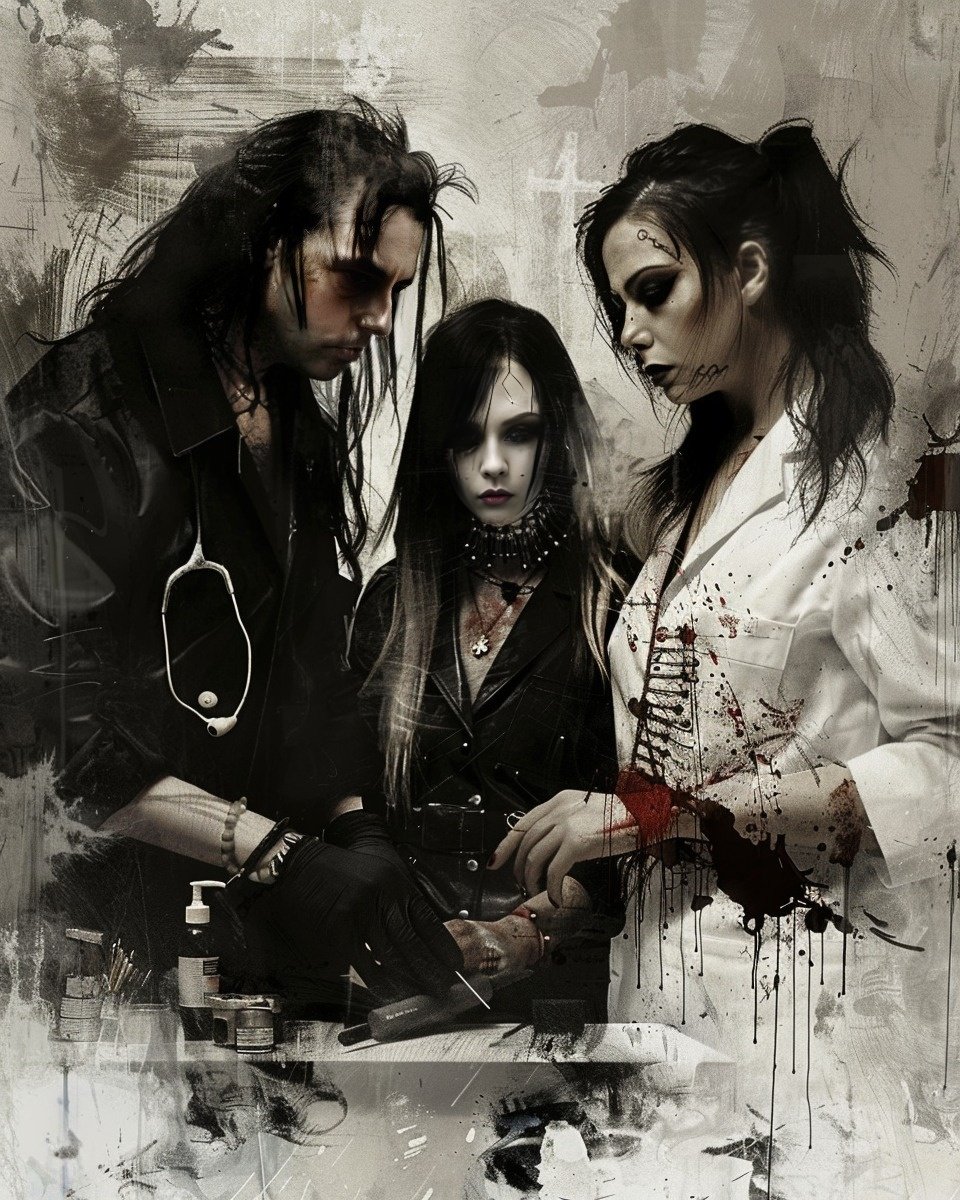 Evil gothic doctor with long black hair, a young gothic woman with dark hair, and a blonde nurse in a black medical room, with blood splatters on the wall.