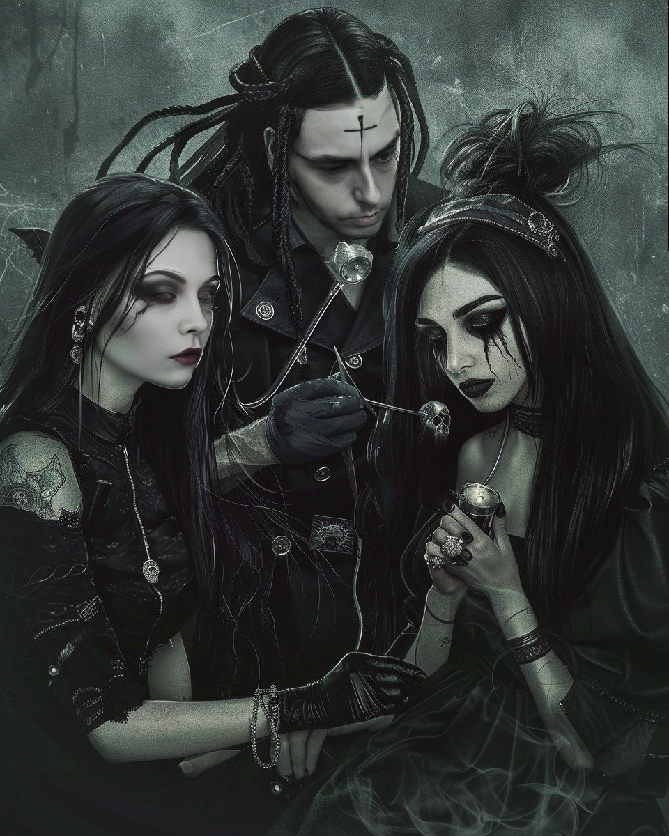 Gothic doctor with dark hair and a cross on his forehead, holding a medical instrument with two gothic women in black dresses, in an eerie medical setting.