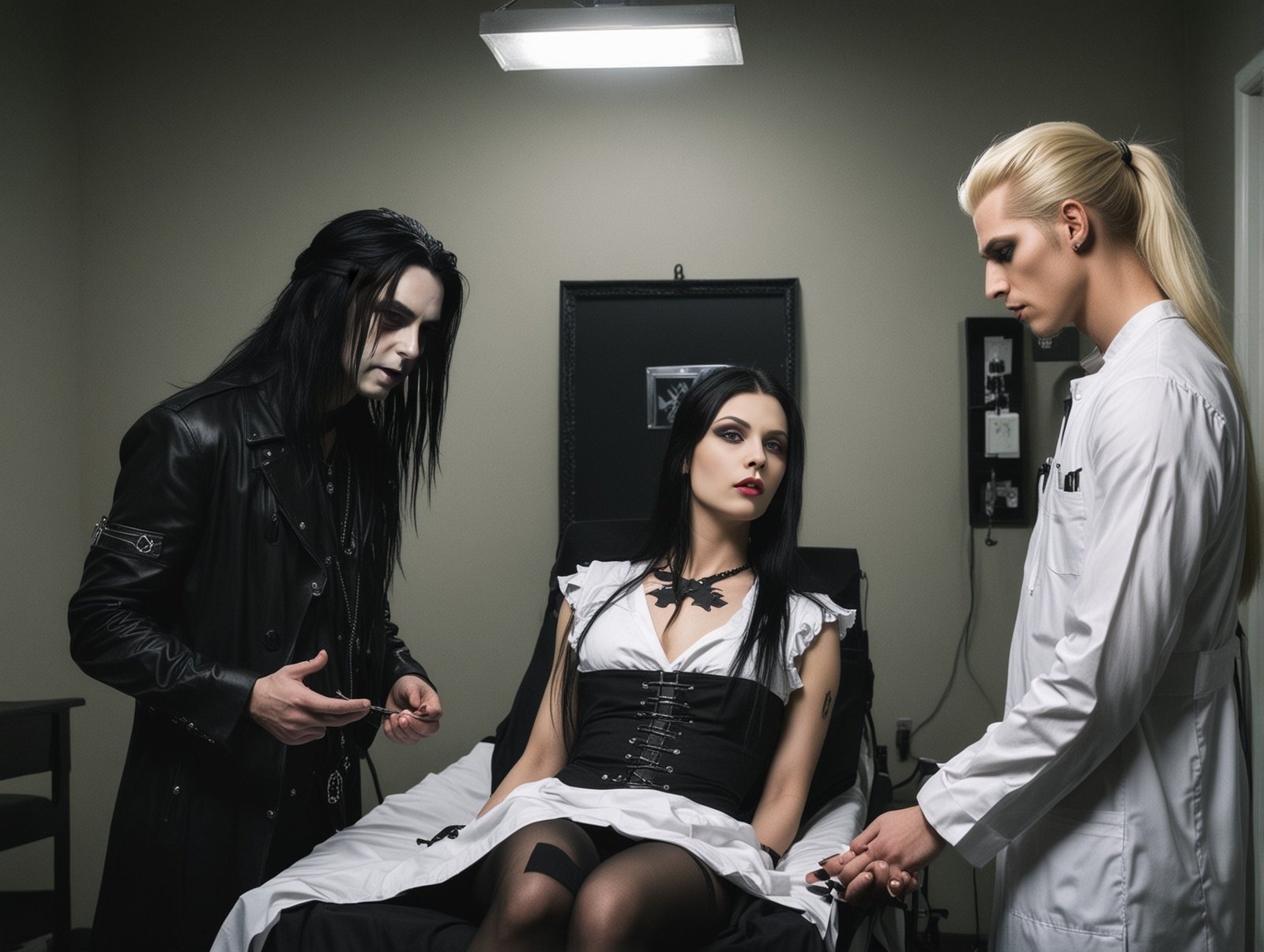 Evil gothic doctor scene with a dark-haired man in black leather, a blonde doctor, and a dark-haired woman in a white corset, seated in a medical room.