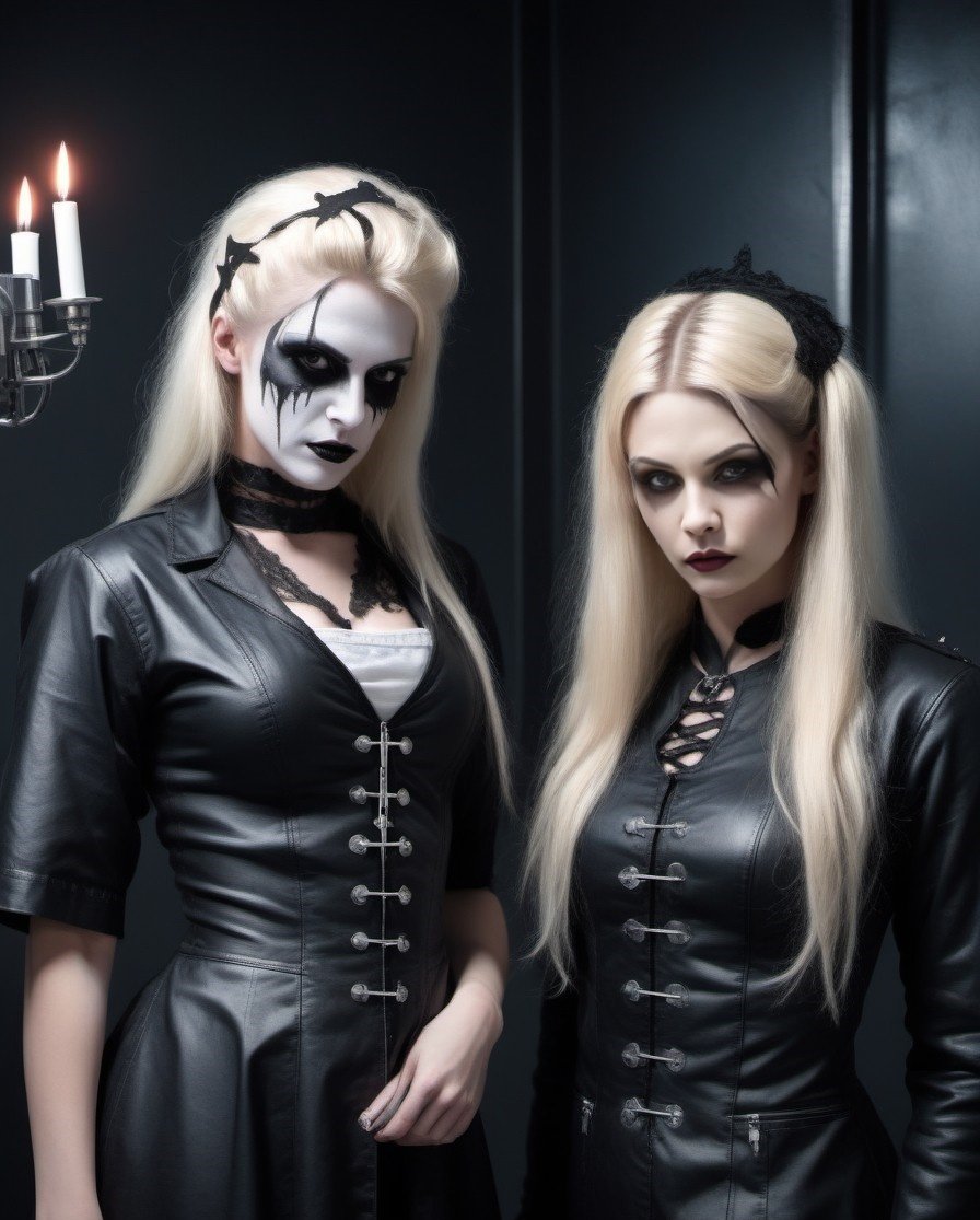 Two blonde women in black leather gothic dresses, one with black face paint resembling tears, standing in a dimly lit room with candle sconces.