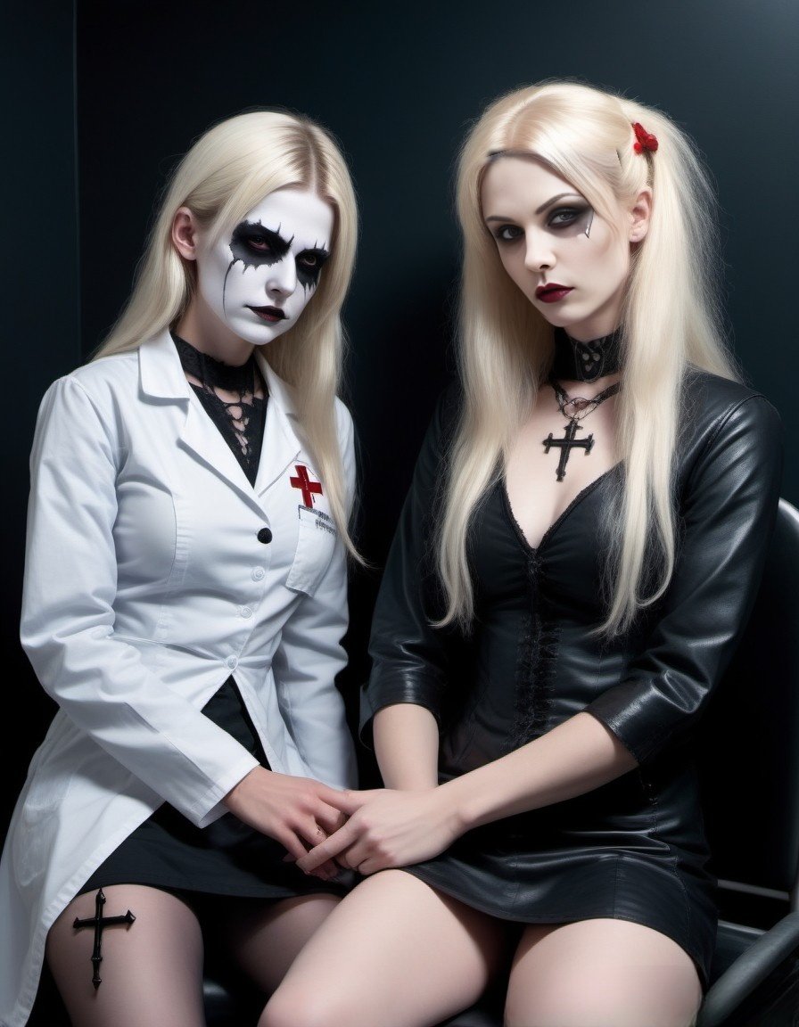 Two blonde gothic nurses, one with white face paint and an evil gothic doctor cross symbol, both dressed in gothic-themed medical outfits, sitting side by side.