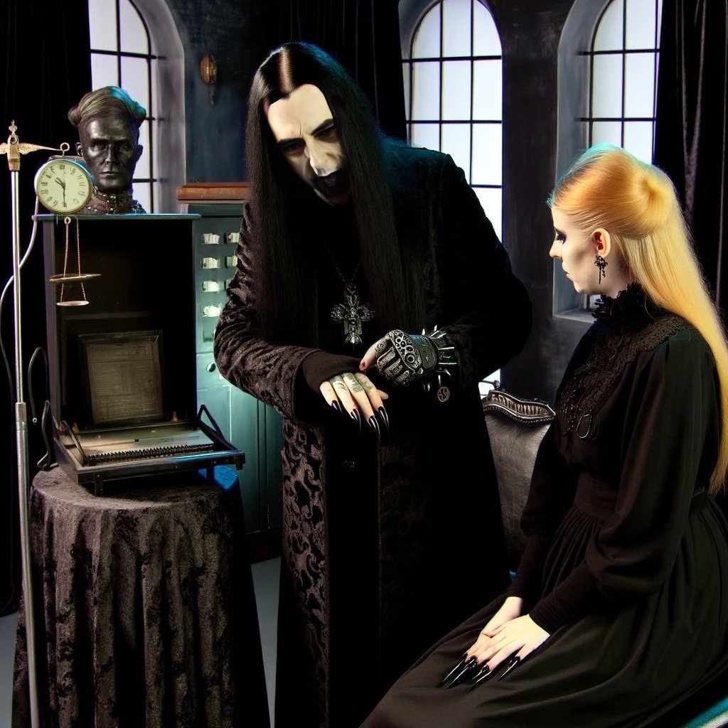 Evil gothic doctor in a dark suit with a young blonde woman in a black dress, and another dark-haired gothic woman in a black dress, in a gothic-themed room with candles.