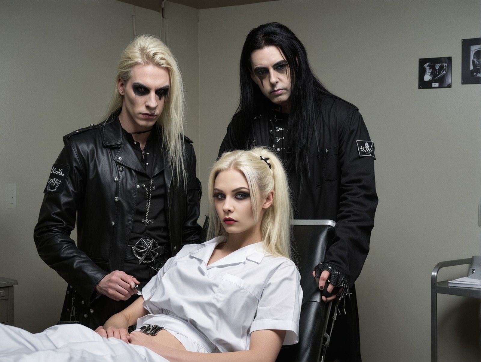 Blonde gothic trio with an evil gothic doctor in a black outfit, another blonde man in black leather, and a woman in white medical attire, surrounding a seated blonde woman.