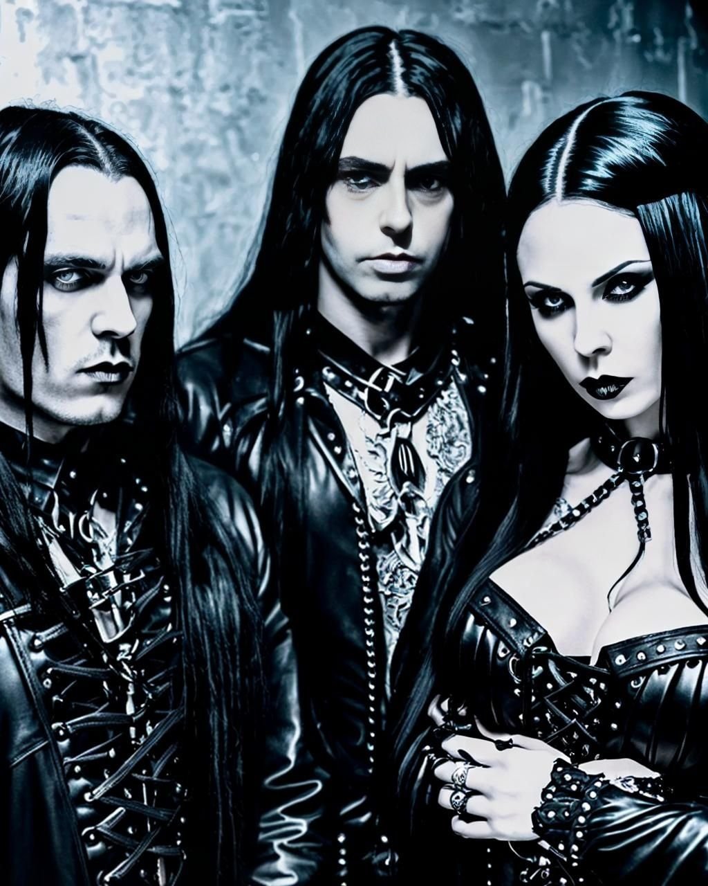 Three gothic vampires, two men and one woman, dressed in black leather and gothic accessories, standing against a dark, eerie background.