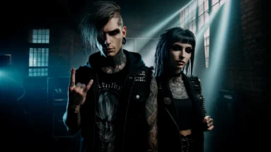 A man and a woman with goth and metalhead looks, featuring dark clothing, tattoos, and piercings, in a gritty urban environment. When Metal Meets Hardcore.