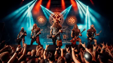 Brothers of Metal performing 'Brothers Unite' on stage at Wacken Open Air, dressed in Viking-inspired metal outfits with dramatic lighting and enthusiastic crowd.