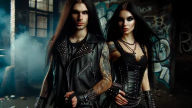 A metalhead man and woman standing together with long black hair and fierce expressions, embodying the spirit of Freedom Speech and Expression. The woman is dressed in black leather with spikes, set against a dark, urban graffiti backdrop.