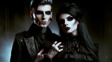 Blutengel - Wir Sind das Licht: Close-up of a gothic male and female band member with dark makeup and black clothing in a mysterious setting.