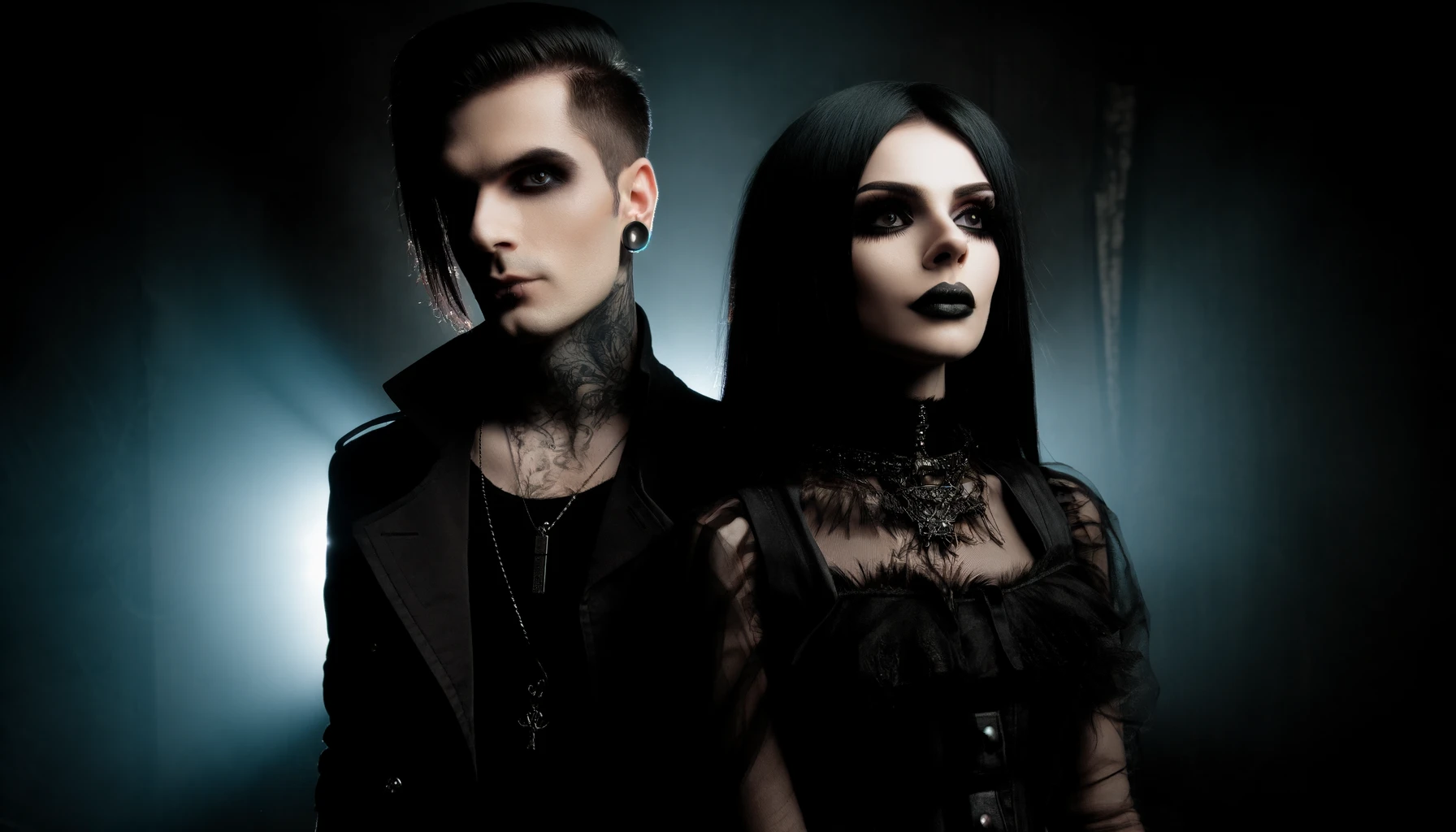 Blutengel - Wir Sind das Licht: Gothic male and female band members in black attire, set against a dark, illuminated background.