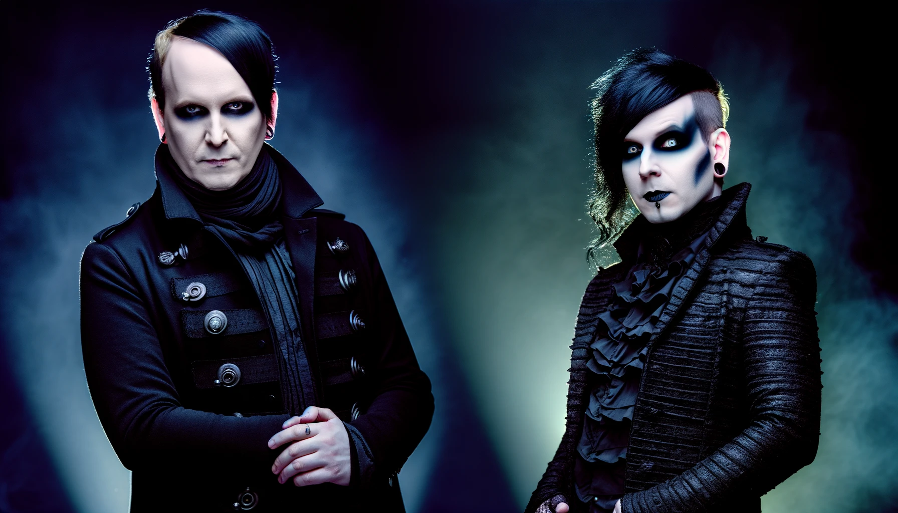 Blutengel - Wir Sind das Licht: Two gothic band members, male and female, in striking dark clothing with a dramatic background.