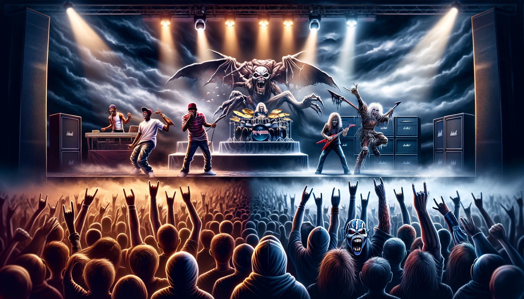 Nu Metal Isn’t True Metal - Contrast between a nu metal band with vibrant lights and a classic metal band with intense guitar solos.