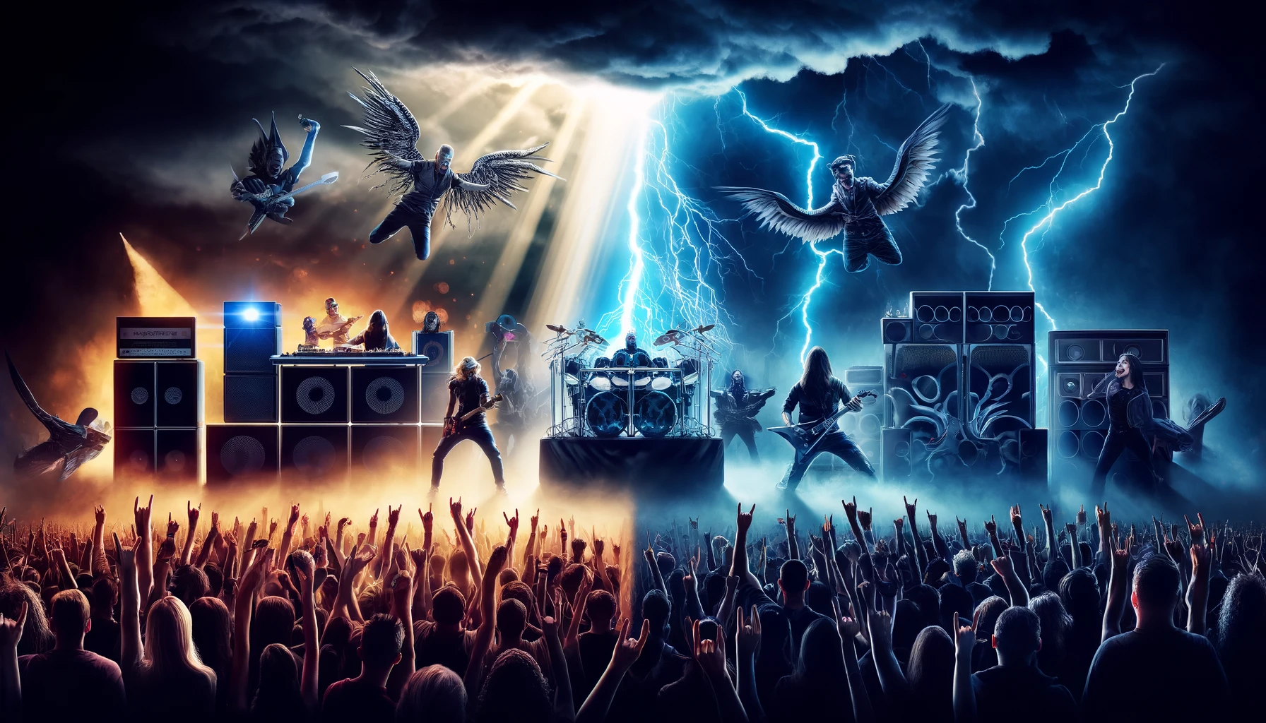 Nu Metal Isn’t True Metal - Split image showing nu metal band with modern setup and classic metal band with traditional instruments.