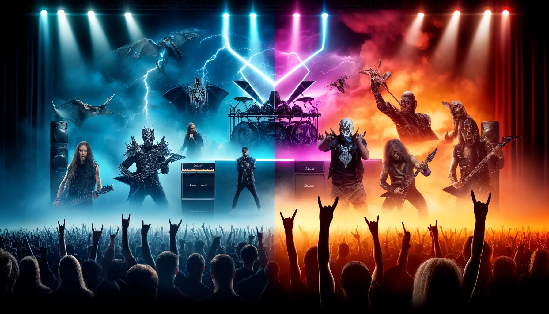 Nu Metal Isn’t True Metal - Nu metal band with vibrant setup vs. classic metal band with traditional instruments and intense lighting.