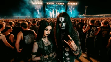 Face-Melting Festivals: A vibrant nighttime scene at a metal festival with a large stage in the background, featuring intense lighting and pyrotechnics. In the foreground, a gothic woman with long dark hair and a blackmetalhead man with corpse paint on his face enjoy the music with a crowd of metalheads.