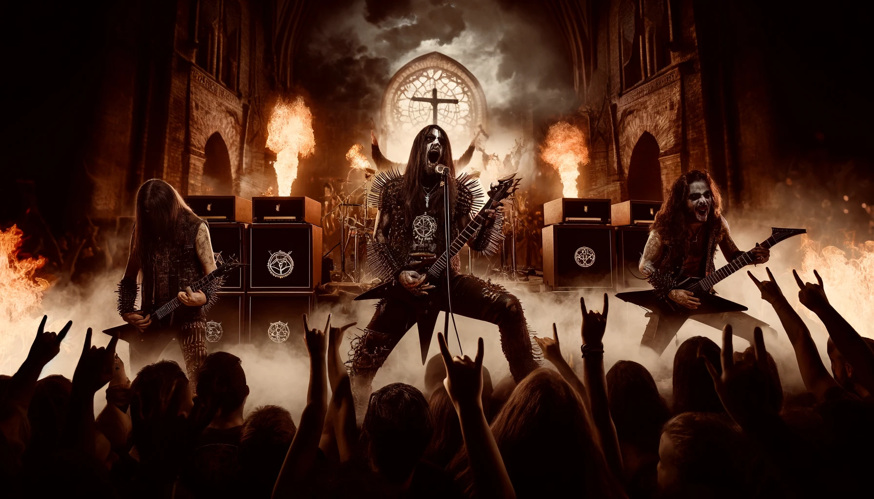 Anti-Religious Sentiments in Metal Music: An intense and rebellious scene with a metal band performing on stage against a backdrop of a burning church.