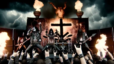 Anti-Religious Sentiments in Metal Music: An evocative scene with a metal band performing on a stage with dark, gothic aesthetics.