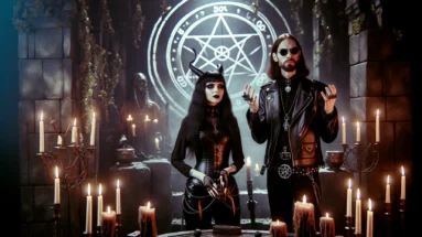 The Rituals of Darkness: Gothic couple in black performing a satanic ritual with ritualistic elements in a dark, gothic setting.