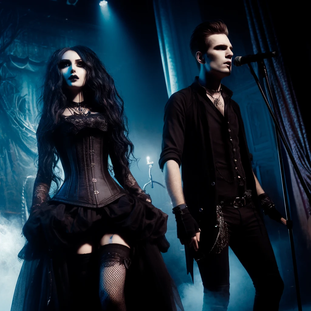 BlutEngel - Soul of Ice: Gothic band performance, woman in black corset and male singer, misty atmosphere with dark decorations.