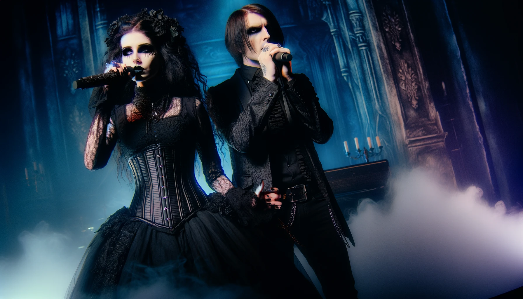 BlutEngel - Soul of Ice: Gothic band on stage with dark flowing hair, black corset, male singer in black, ethereal stage lighting.