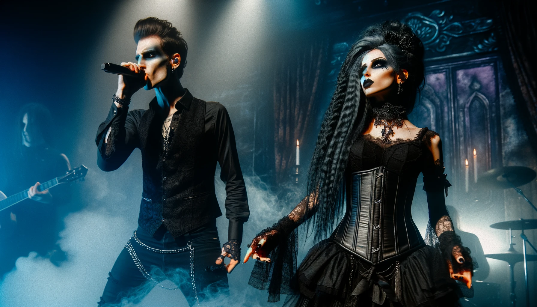 BlutEngel - Soul of Ice: Gothic band performing, woman in black corset, male singer in black, dramatic blue and purple lighting.