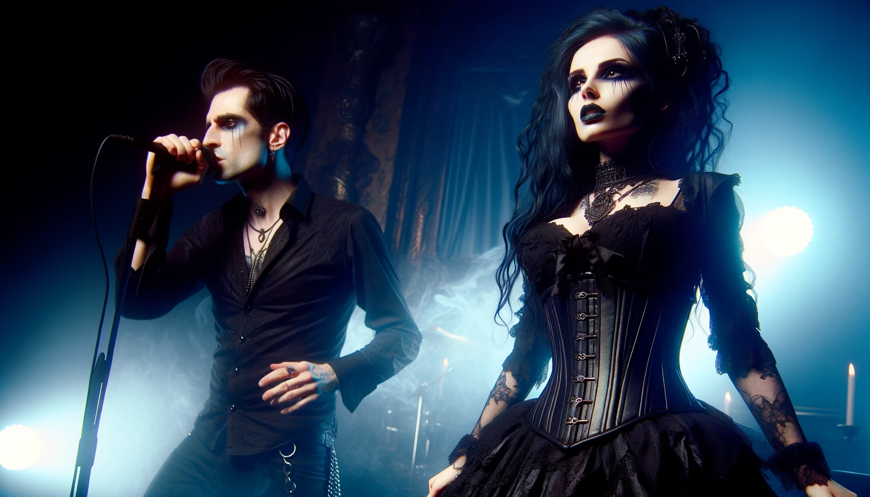 BlutEngel - Soul of Ice: Gothic woman with dark flowing hair, black corset, and male singer in black on stage, ethereal and haunting atmosphere.